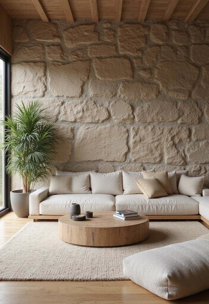 13 Living Room Stone Wall Ideas to Create a Cozy Atmosphere You’ll Love! - 11. Zen Retreat with Natural Stone