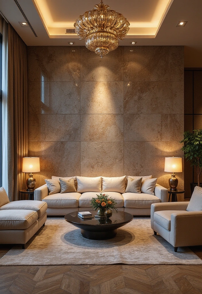 13 Living Room Stone Wall Ideas to Create a Cozy Atmosphere You’ll Love! - 12. Glamorous Touch with Polished Stone