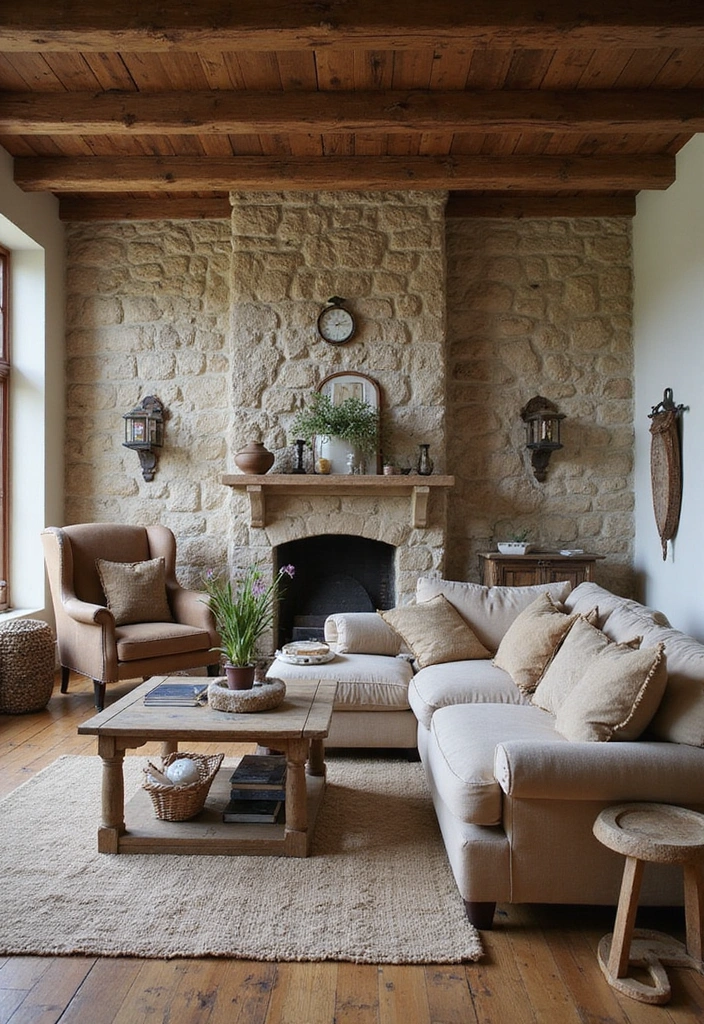 13 Living Room Stone Wall Ideas to Create a Cozy Atmosphere You’ll Love! - 7. Farmhouse Charm with Natural Stone