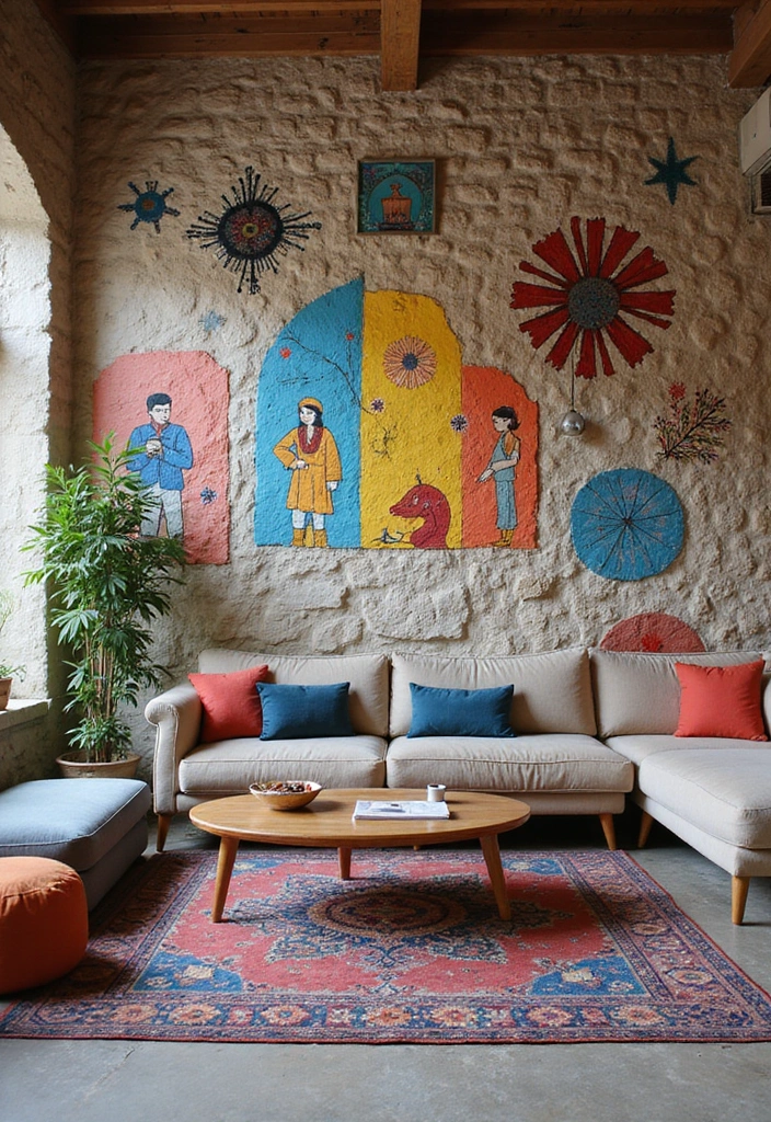 13 Living Room Stone Wall Ideas to Create a Cozy Atmosphere You’ll Love! - 8. Artistic Flair with Painted Stone