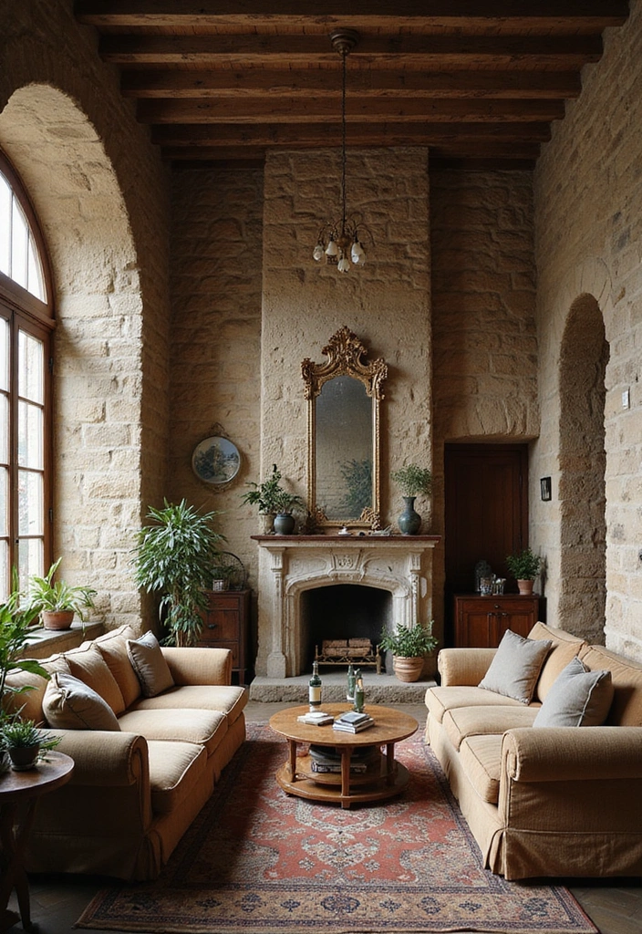 13 Living Room Stone Wall Ideas to Create a Cozy Atmosphere You’ll Love! - 9. Vintage Elegance with Antique Stones