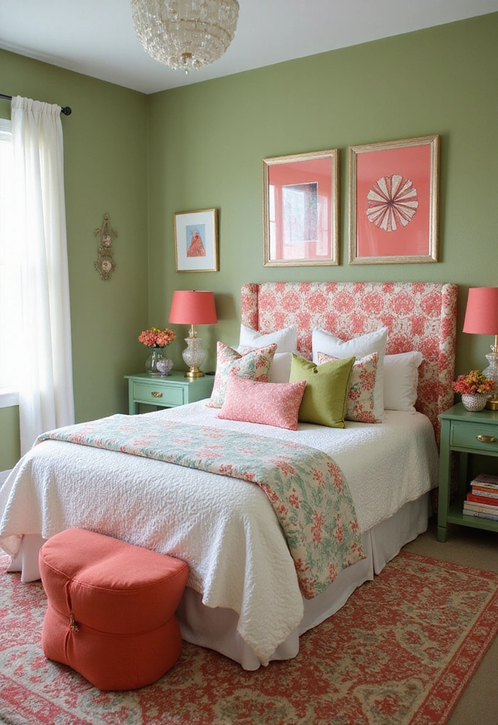 13 Trendy Sage Green Color Schemes That'll Make Your Bedroom a Style Statement! - 11. Vibrant Contrast: Sage Green and Coral