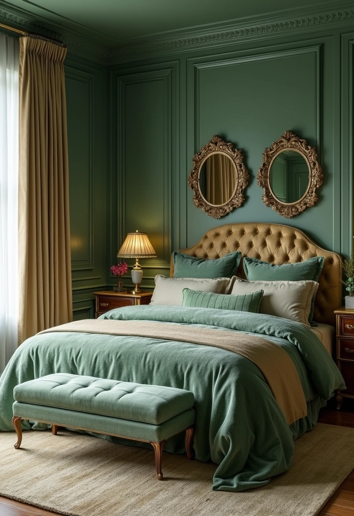 13 Trendy Sage Green Color Schemes That'll Make Your Bedroom a Style Statement! - 13. Luxurious Layers: Sage Green with Gold Accents