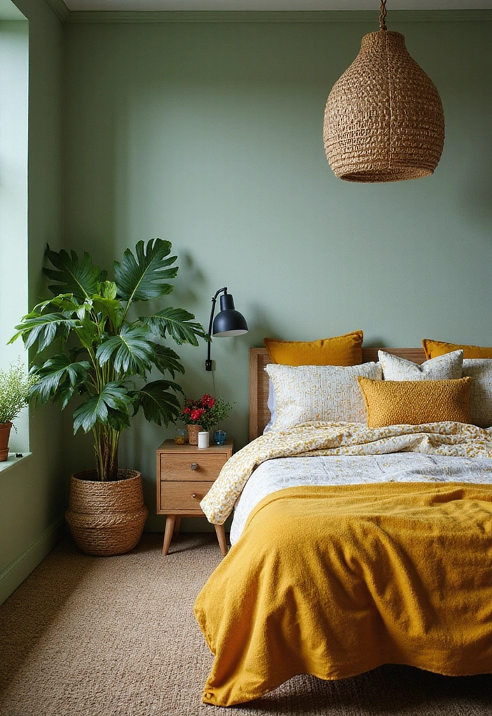 13 Trendy Sage Green Color Schemes That'll Make Your Bedroom a Style Statement! - 5. Bohemian Bliss: Sage Green with Mustard Yellow