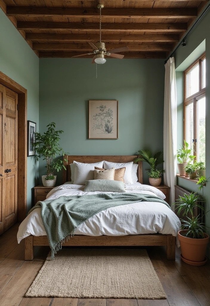 13 Trendy Sage Green Color Schemes That'll Make Your Bedroom a Style Statement! - 7. Rustic Retreat: Sage Green and Brown Wood