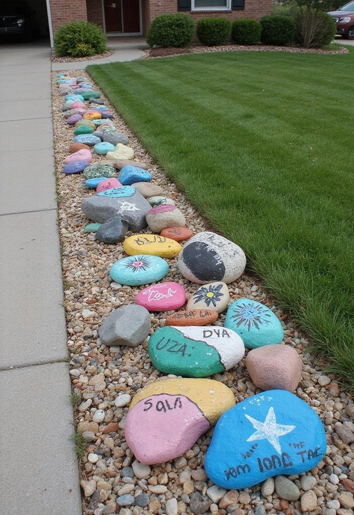 14 Colorful Driveway Edging Ideas That Will Make Your Neighbors Jealous! - 2. Painted Landscape Rocks