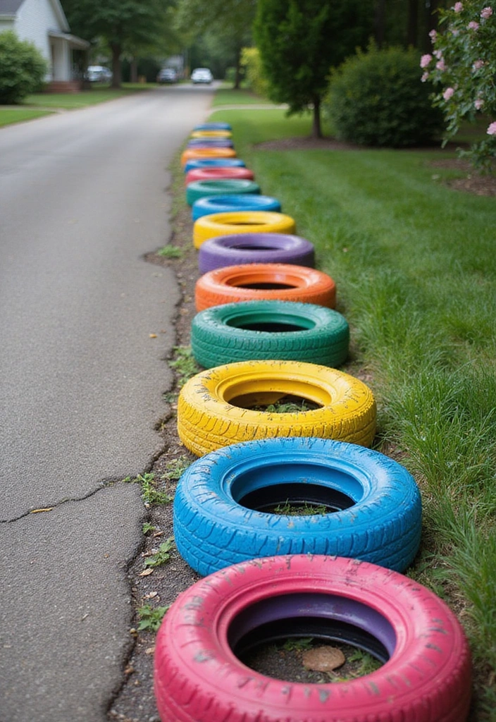 14 Colorful Driveway Edging Ideas That Will Make Your Neighbors Jealous! - 6. Whimsical Painted Tires