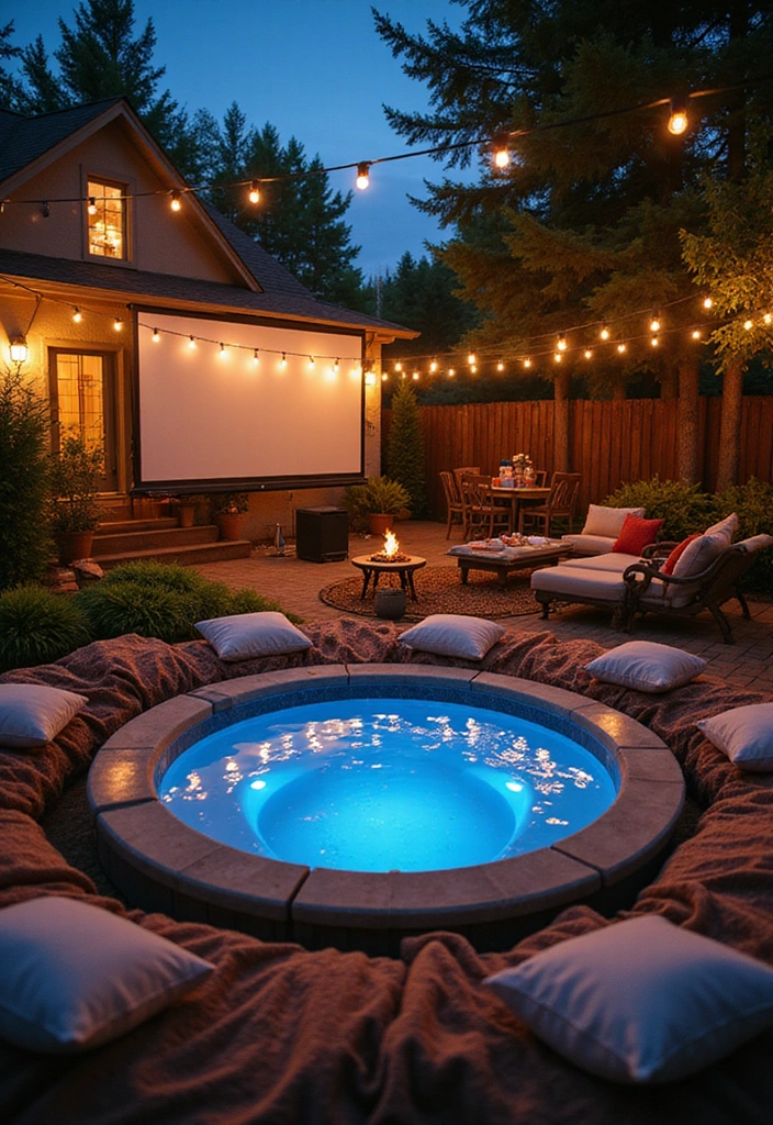 14 Cozy Hot Tub Patio Ideas That Will Make Your Neighbors Jealous! - 14. Cozy Movie Night Patio