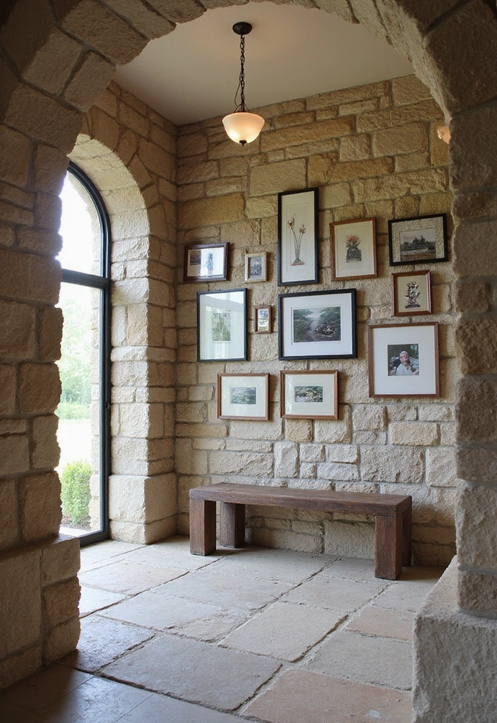 14 Entryway Stone Wall Ideas That Will Wow Your Guests from the Moment They Step In! - 10. Stone Wall with Gallery Displays