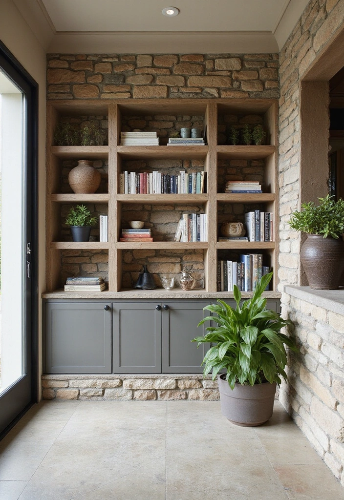 14 Entryway Stone Wall Ideas That Will Wow Your Guests from the Moment They Step In! - 12. Stone Wall with Built-in Shelving