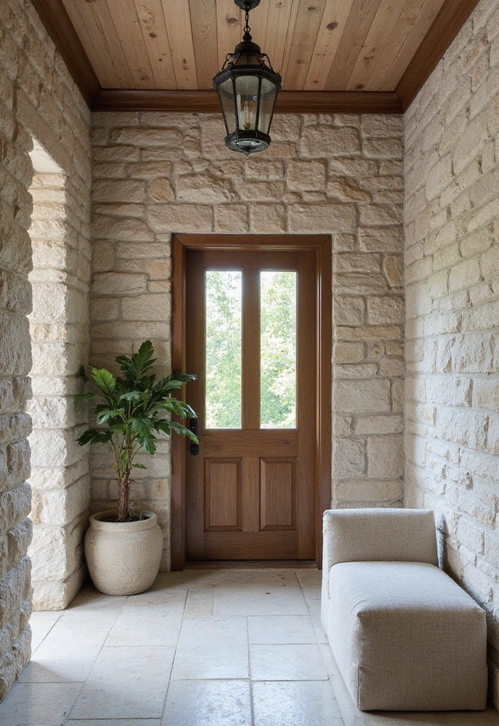 14 Entryway Stone Wall Ideas That Will Wow Your Guests from the Moment They Step In! - 13. Stone Wall with Textured Wallpaper