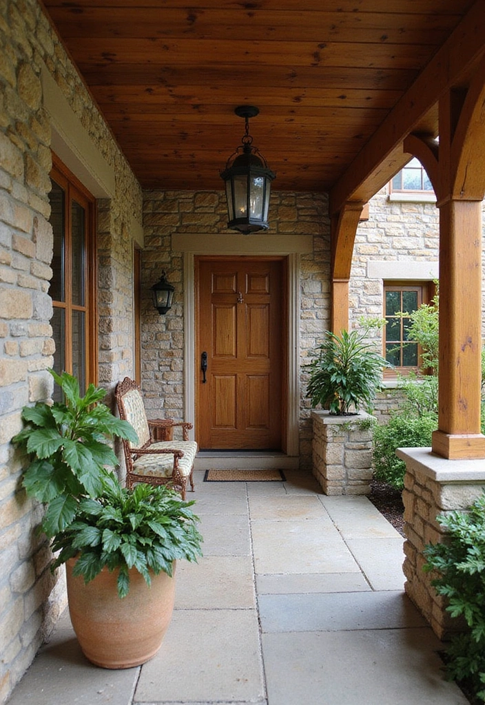 14 Entryway Stone Wall Ideas That Will Wow Your Guests from the Moment They Step In! - 7. Stone and Wood Combination