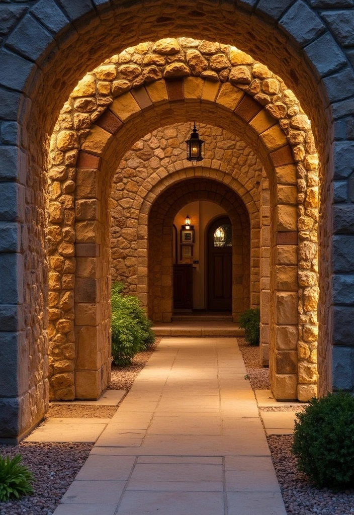 14 Entryway Stone Wall Ideas That Will Wow Your Guests from the Moment They Step In! - 9. Stone Wall with Integrated Lighting