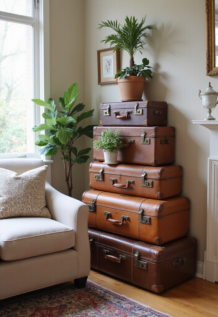 14 Portable Room Divider Ideas for Easy Space Customization (Perfect for Renters!) - 14. Vintage Suitcases: Travel-Inspired Dividers