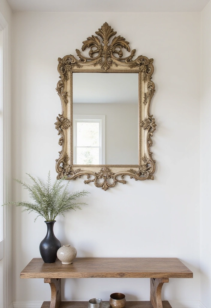14 Vintage Entryway Mirror Ideas That Bring Timeless Elegance (You’ll Be Inspired by #9!) - 10. Vintage Mirror with Decorative Frame
