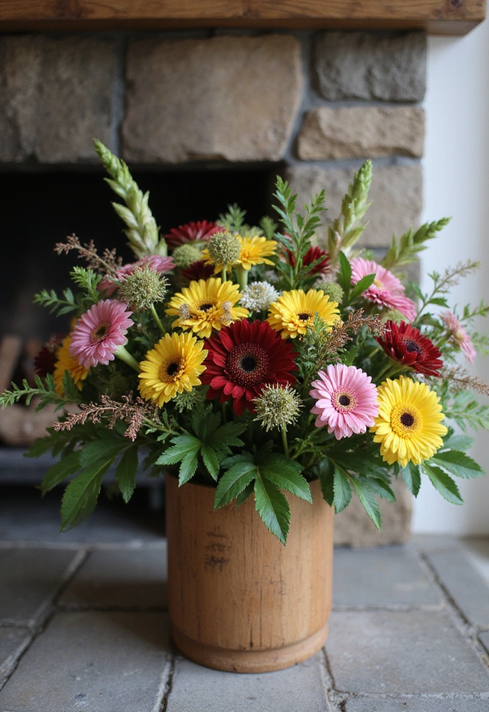 16 Breathtaking Fall Floral Arrangements for Your Fireplace That Will Impress Everyone! - 4. Mixed Greens & Flowers Arrangement