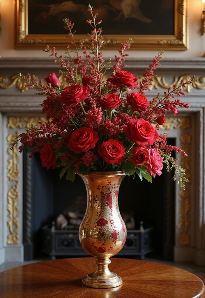 16 Breathtaking Fall Floral Arrangements for Your Fireplace That Will Impress Everyone! - 5. Dramatic Red and Gold Theme