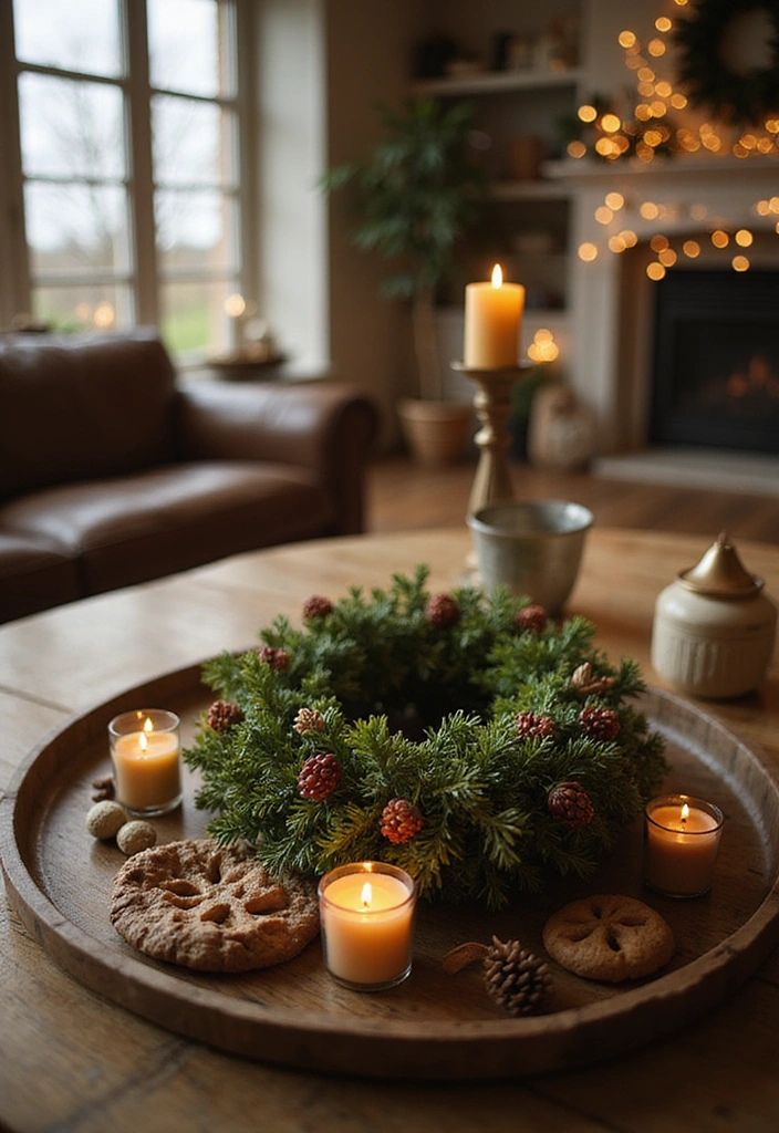 16 Farmhouse Centerpieces Using Trays That Will Wow Your Guests (Don’t Miss #9!) - 10. Trays with Seasonal Wreaths
