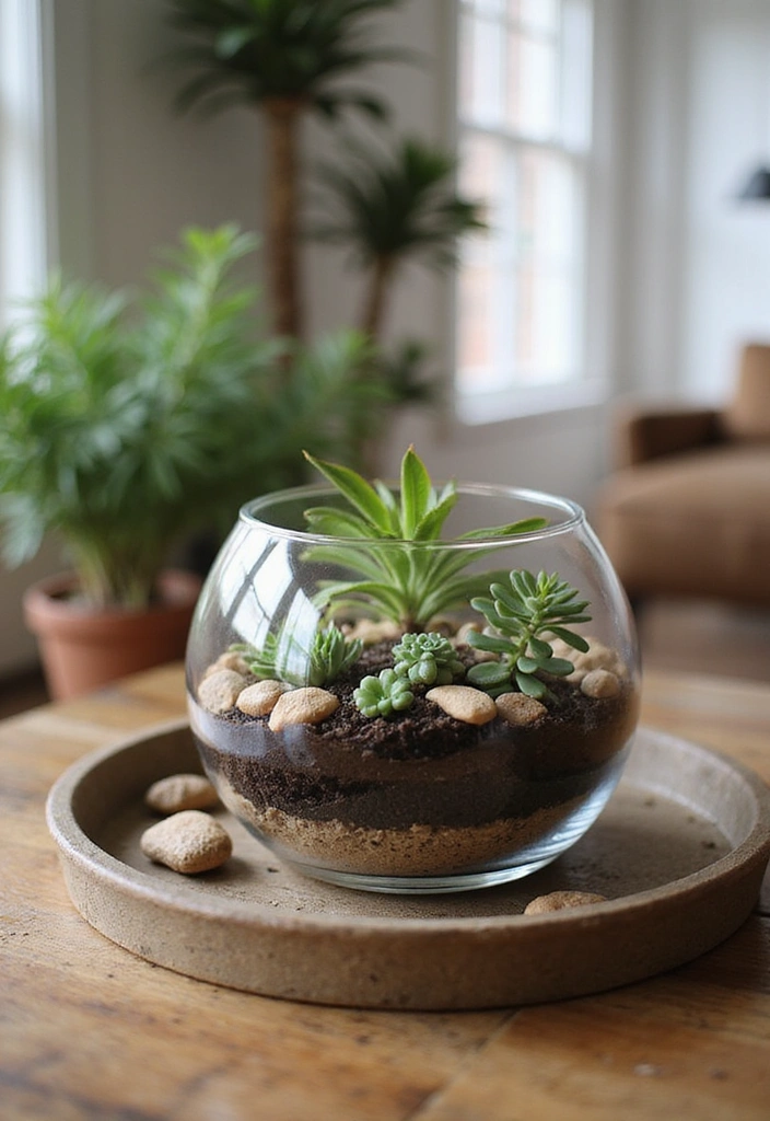 16 Farmhouse Centerpieces Using Trays That Will Wow Your Guests (Don’t Miss #9!) - 11. Tray with DIY Terrarium