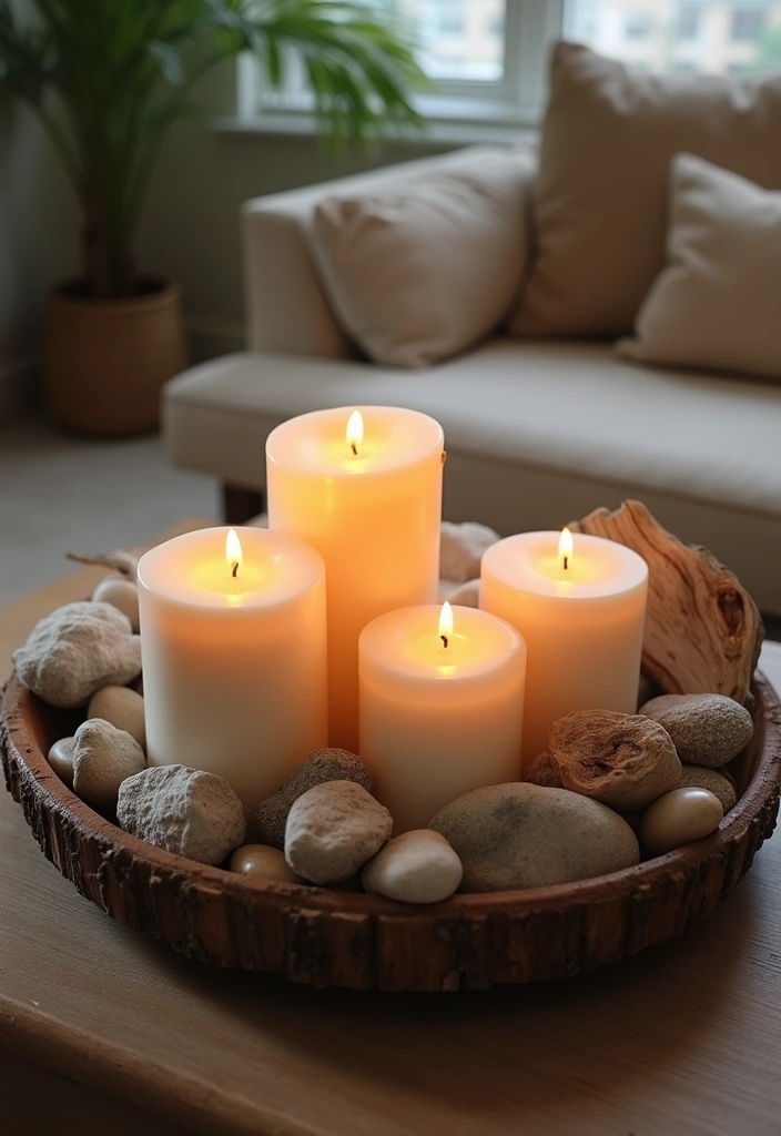 16 Farmhouse Centerpieces Using Trays That Will Wow Your Guests (Don’t Miss #9!) - 14. Tray with Candles and Decorative Rocks