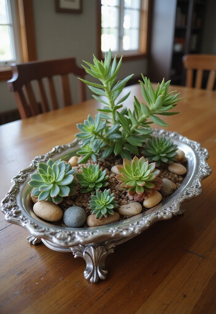 16 Farmhouse Centerpieces Using Trays That Will Wow Your Guests (Don’t Miss #9!) - 2. Vintage Silver Tray with Succulents