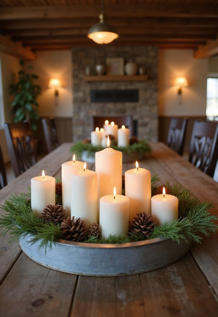 16 Farmhouse Centerpieces Using Trays That Will Wow Your Guests (Don’t Miss #9!) - 3. Galvanized Metal Tray with Candle Arrangements