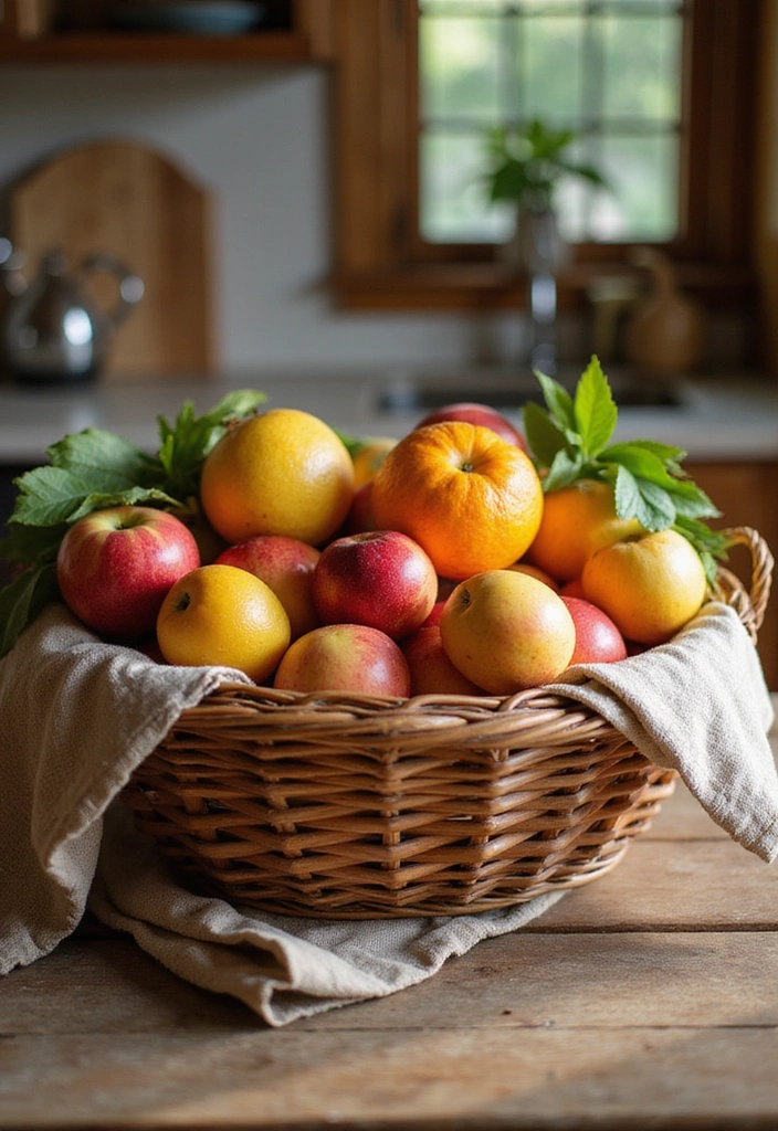 16 Farmhouse Centerpieces Using Trays That Will Wow Your Guests (Don’t Miss #9!) - 4. Woven Basket Tray with Seasonal Fruits