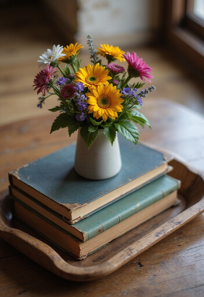 16 Farmhouse Centerpieces Using Trays That Will Wow Your Guests (Don’t Miss #9!) - 5. Rustic Tray with Vintage Books and Flowers