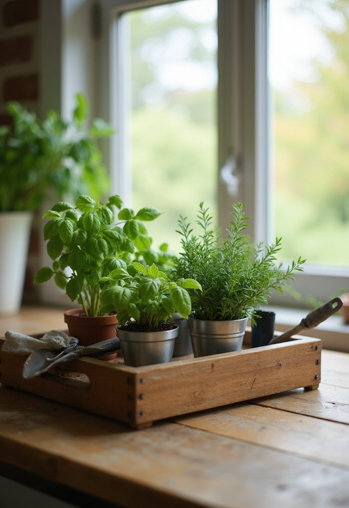 16 Farmhouse Centerpieces Using Trays That Will Wow Your Guests (Don’t Miss #9!) - 6. Farmhouse Tray with Herb Garden