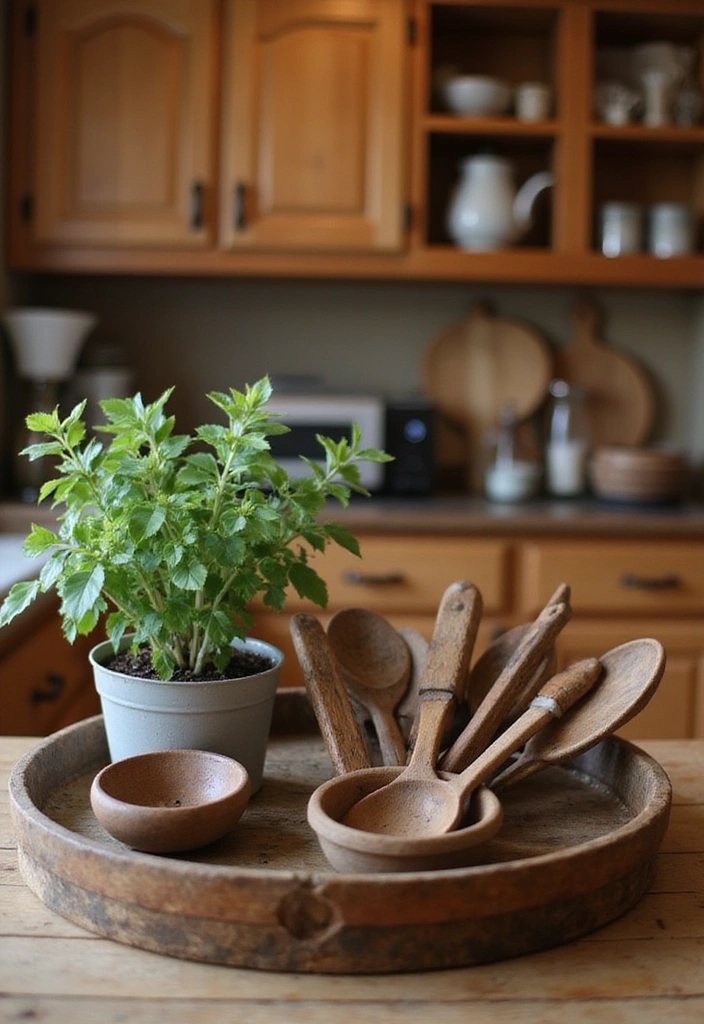 16 Farmhouse Centerpieces Using Trays That Will Wow Your Guests (Don’t Miss #9!) - 8. Tray with Vintage Kitchen Utensils