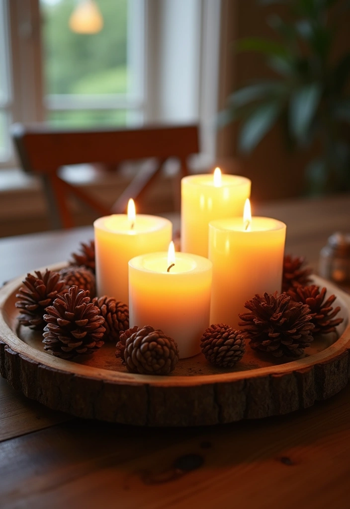 16 Farmhouse Centerpieces Using Trays That Will Wow Your Guests (Don’t Miss #9!) - 9. Tray with Seasonal Candles and Pine Cones (Don’t Miss This One!)
