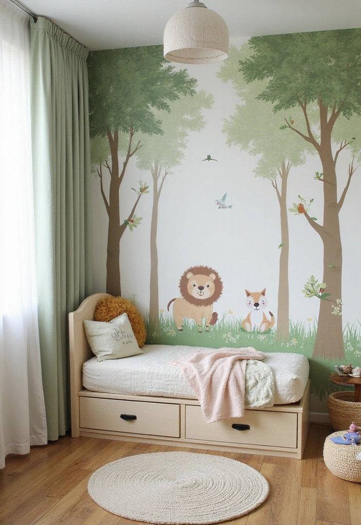 16 Kids Bedroom Accent Wall Ideas That Will Make Their Eyes Light Up (Check Out #7!) - 1. Whimsical Woodland Scene
