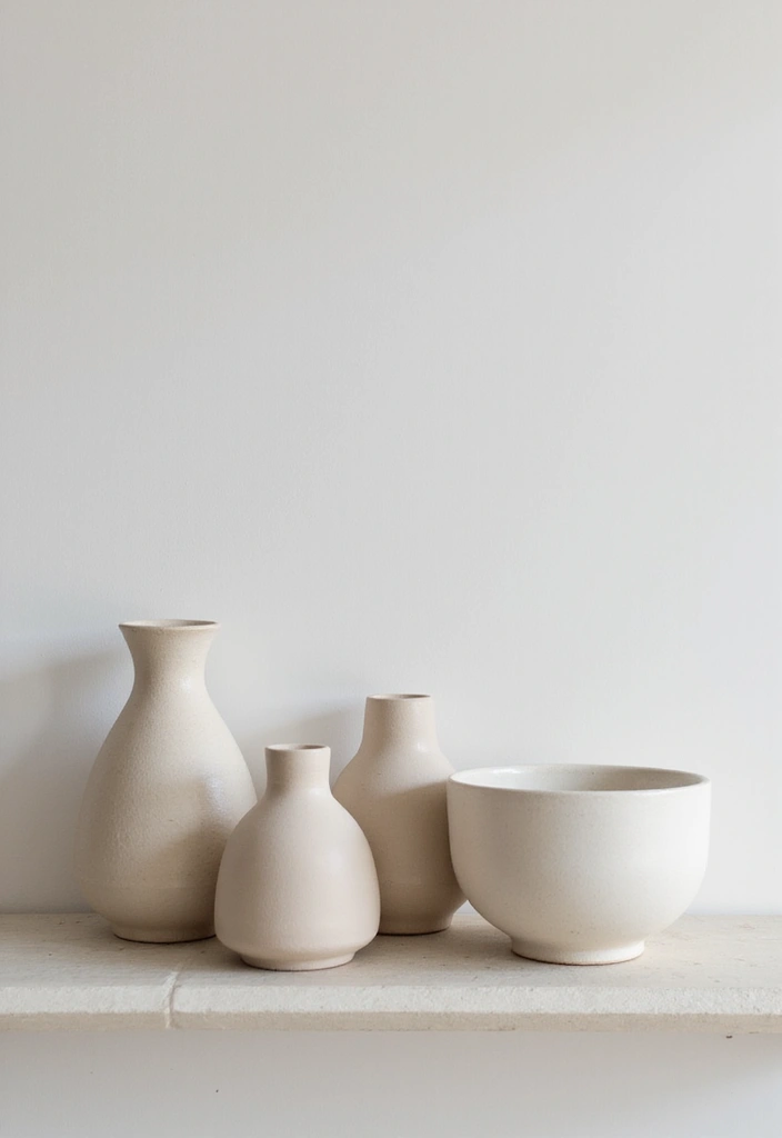 16 Minimalist Farmhouse Shelf Decor Ideas That Prove Less is More (Get Inspired by #10!) - 2. Neutral Toned Ceramics