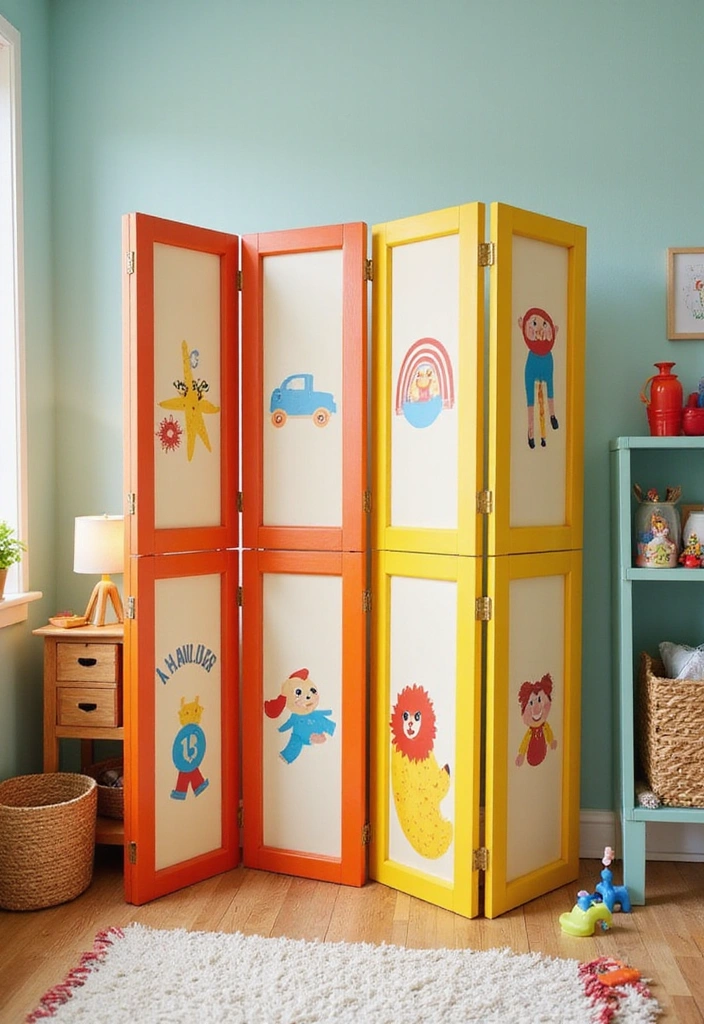 17 Fun Kids Room Divider Ideas That Will Make Playtime Extra Special (You’ll Adore #3!) - 9. Brightly Colored Folding Screens