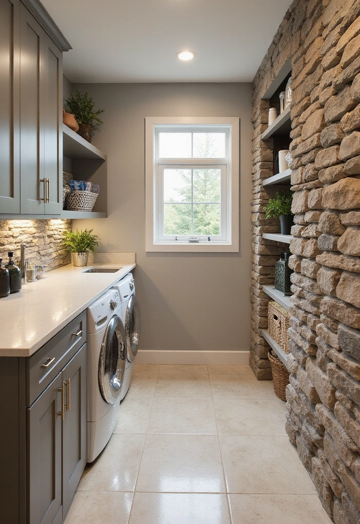 17 Modern Basement Ideas with Stone Walls That Will Make You Love Your Basement Again! - 12. Chic Laundry Room