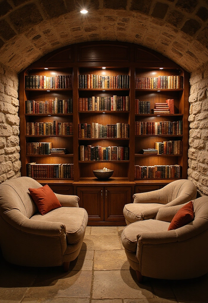 17 Modern Basement Ideas with Stone Walls That Will Make You Love Your Basement Again! - 3. Cozy Reading Nook