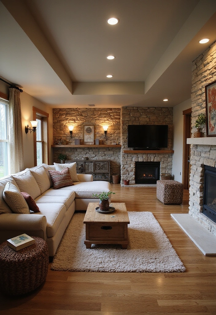 17 Modern Basement Ideas with Stone Walls That Will Make You Love Your Basement Again! - 7. Inviting Family Room