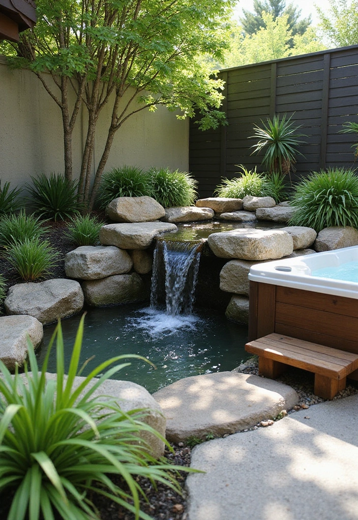 17 Small Hot Tub Patio Ideas That Maximize Space Without Skimping on Style! - 10. Tiny Waterfalls for Tranquility