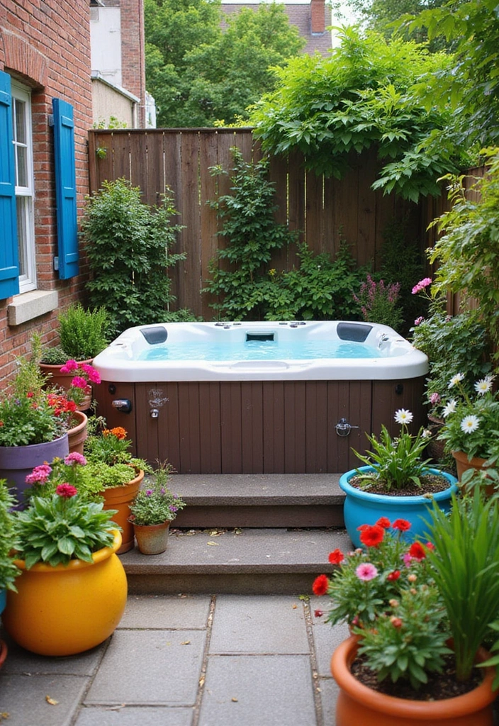 17 Small Hot Tub Patio Ideas That Maximize Space Without Skimping on Style! - 11. Colorful Planters for Vibrancy