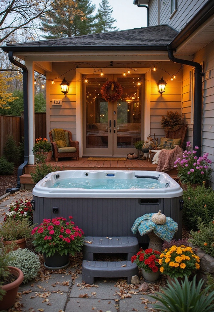 17 Small Hot Tub Patio Ideas That Maximize Space Without Skimping on Style! - 15. Seasonal Decor for Year-round Appeal