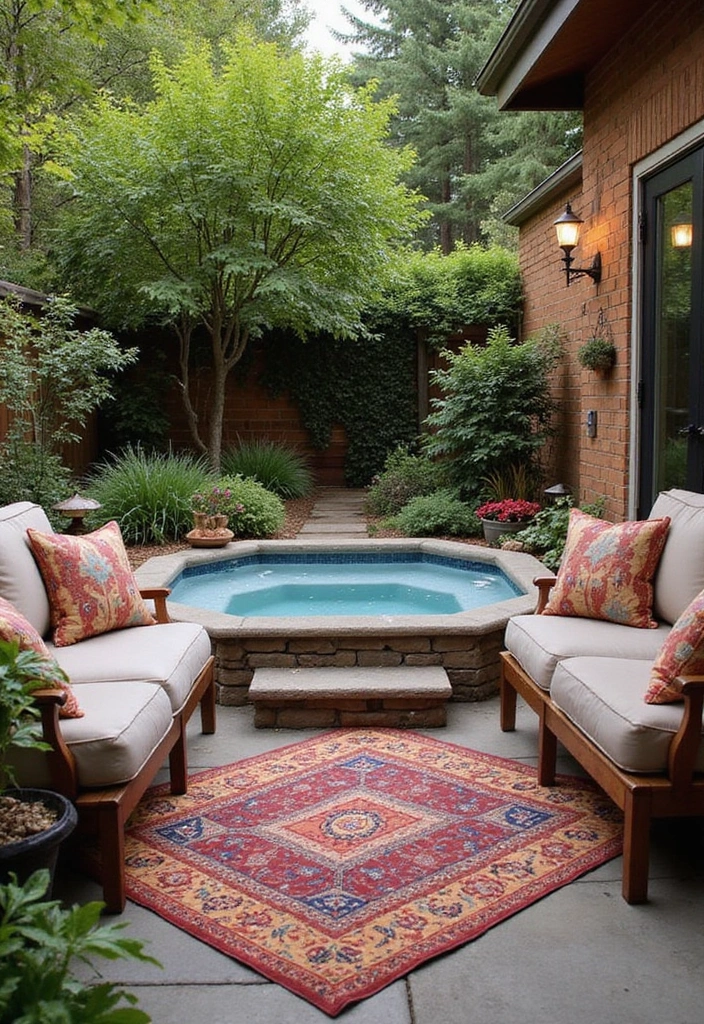17 Small Hot Tub Patio Ideas That Maximize Space Without Skimping on Style! - 4. Outdoor Rugs to Define Spaces