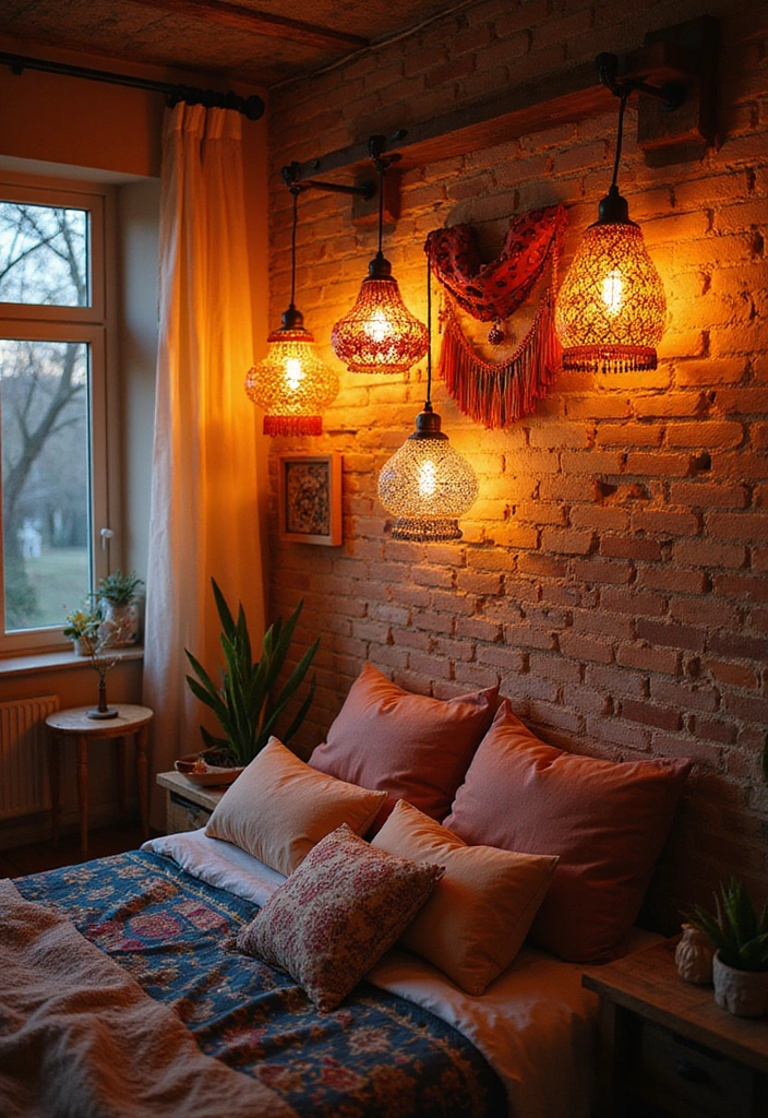 18 Boho Accent Wall Ideas That'll Bring a Cozy Vibe to Your Bedroom (You'll Want to Copy #7!) - 17. Colorful Lighting Fixtures