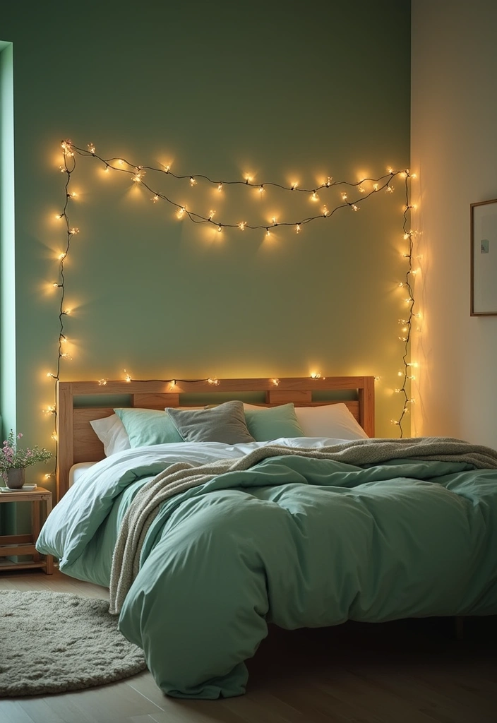 18 Sage Green Bedroom Lighting Ideas That'll Set the Perfect Mood (Don't Miss #5!) - 3. Twinkling Fairy Lights