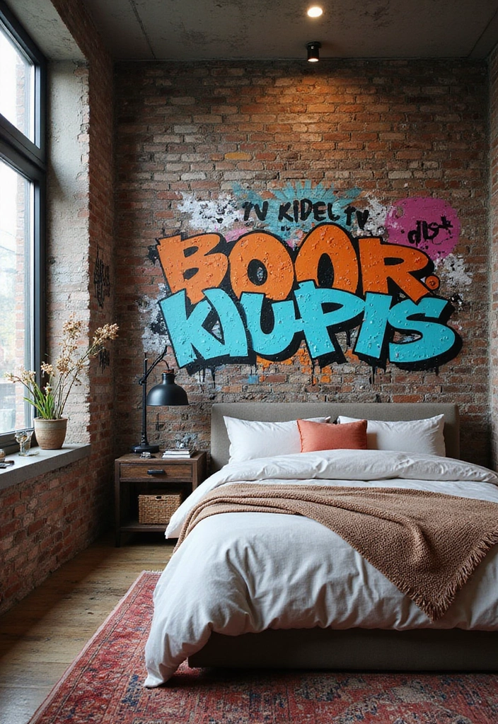 19 Artistic Bedroom Accent Wall Ideas That Showcase Your Unique Style and Personality! - 12. Urban Graffiti Style