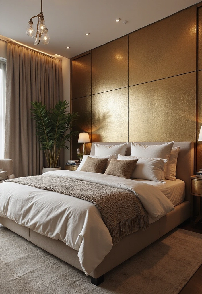 19 Artistic Bedroom Accent Wall Ideas That Showcase Your Unique Style and Personality! - 15. Striking Metallic Accents