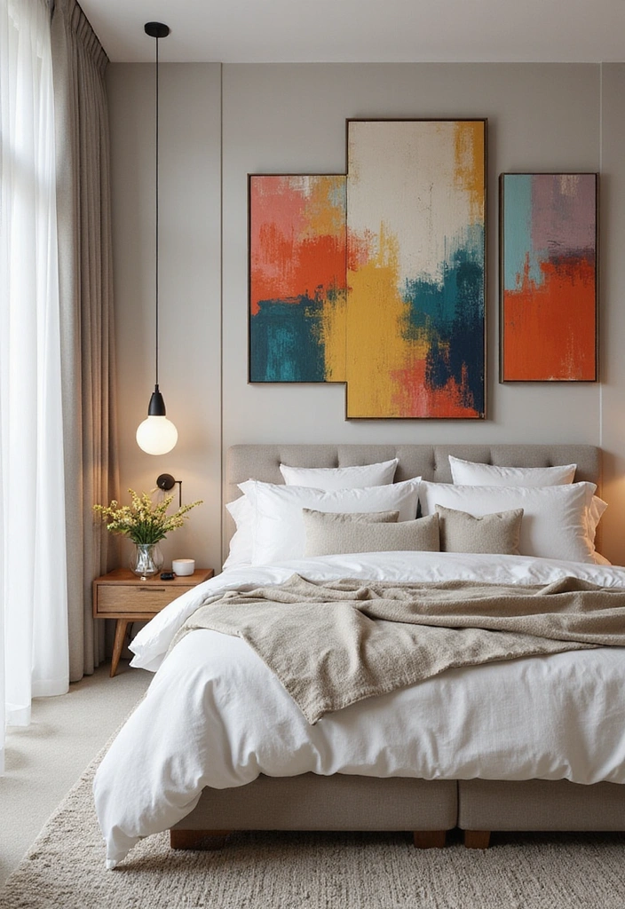 19 Artistic Bedroom Accent Wall Ideas That Showcase Your Unique Style and Personality! - 16. Abstract Art Panels