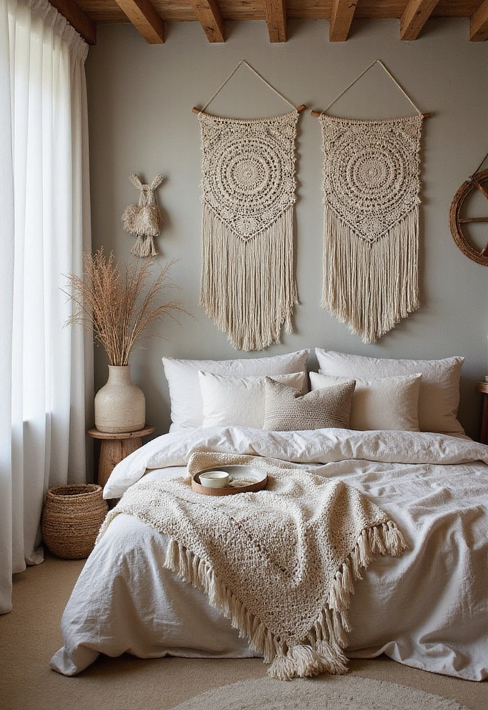 19 Artistic Bedroom Accent Wall Ideas That Showcase Your Unique Style and Personality! - 17. Crochet or Macrame Wall Hangings