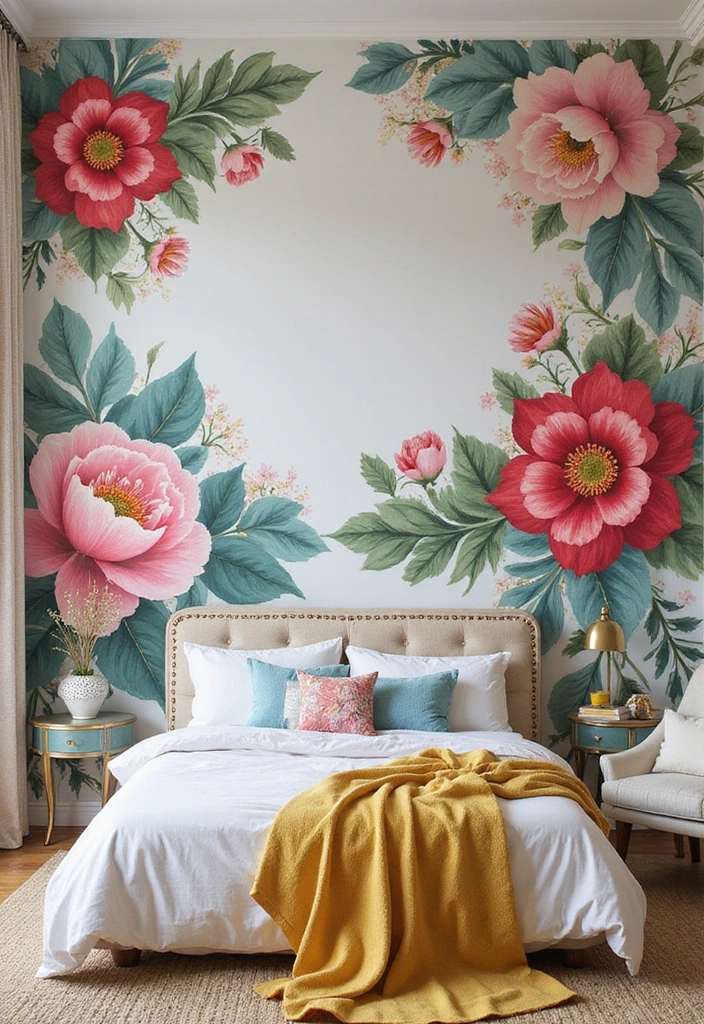 19 Artistic Bedroom Accent Wall Ideas That Showcase Your Unique Style and Personality! - 2. Vibrant Floral Murals