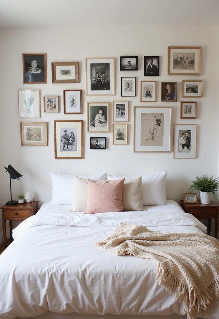 19 Artistic Bedroom Accent Wall Ideas That Showcase Your Unique Style and Personality! - 5. Gallery Wall of Personal Art