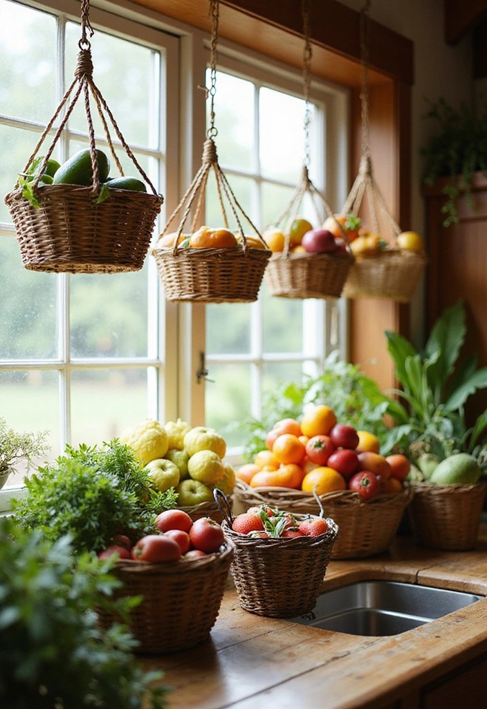 19 DIY Homemade Storage Solutions for Fruits and Vegetables (You Can Make Today!) - 2. Hanging Baskets
